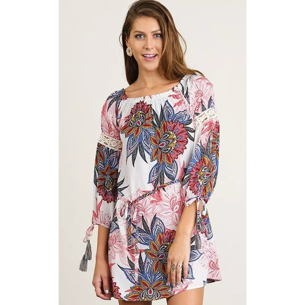 UMGEE Pink Floral Tropical Crinkle 3/4 Sleeve Peasant‎ Dress Womans Size Large